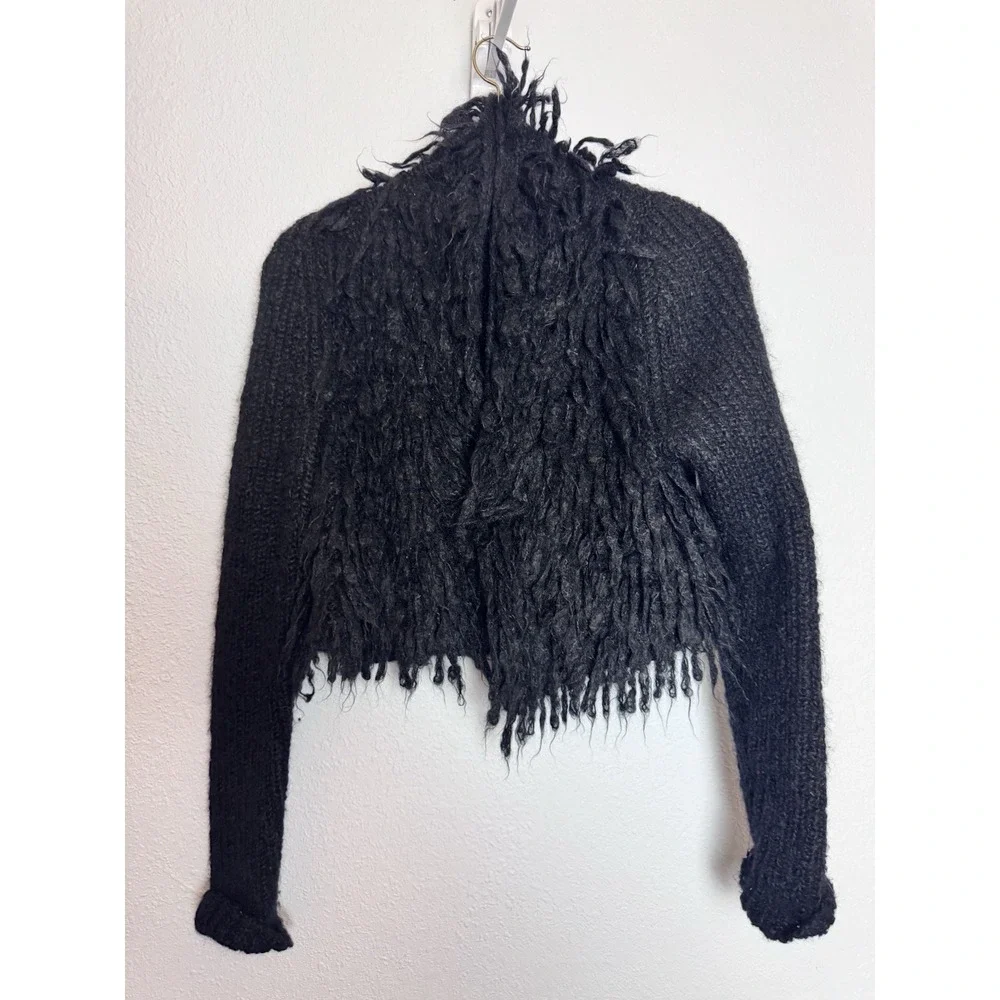Eileen Fisher XXS Black Mohair Knit Jacket Cropped‎ Fringe  Mod Old Money Grunge
